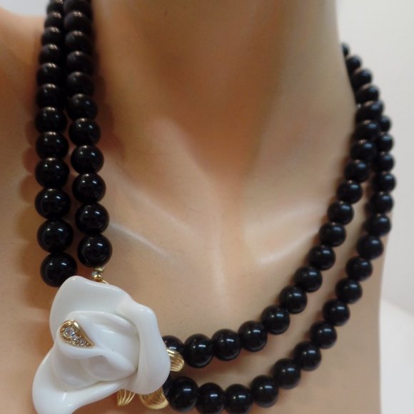 Kenneth J. Lane KJL for Avon Black Beaded Multi Strand Necklace Rose Bling 14" - Picture 13 of 16